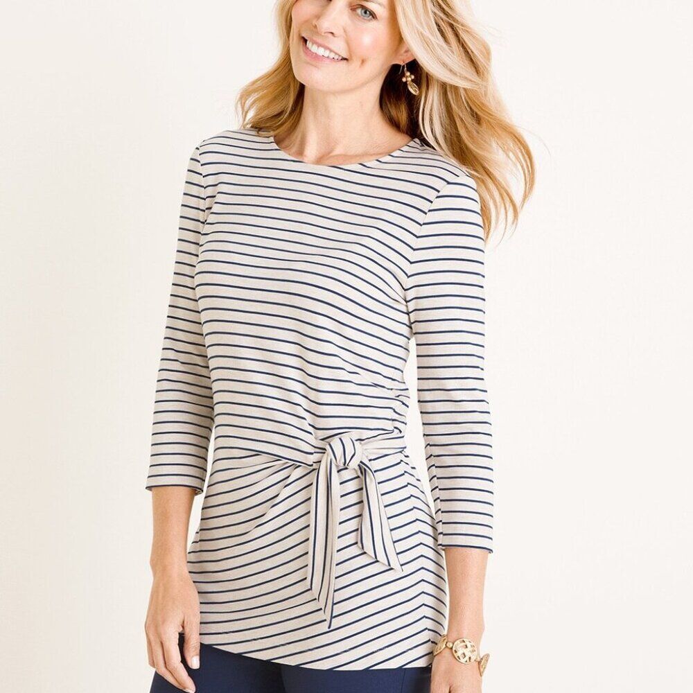 Chico's Striped Side-Tie Tunic Top Size 2 - Large Jersey Knit Beige & Blue